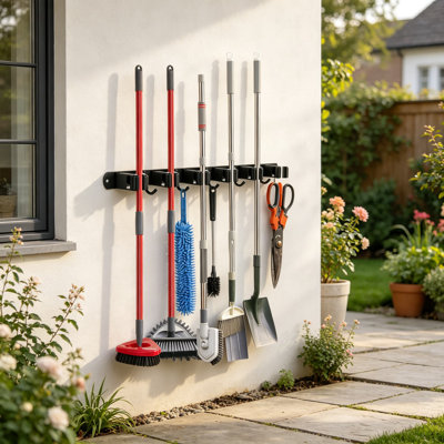 Support mural robuste pour balai et vadrouille avec 5 supports et 4 crochets