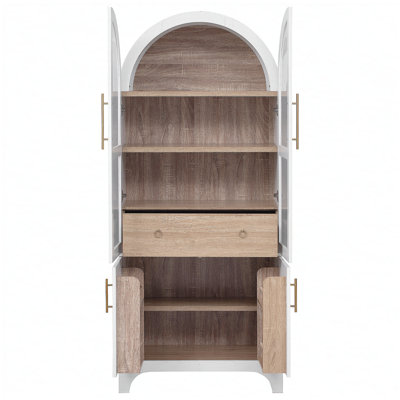 71 Inch Tall Arched Kitchen Pantry Cabinet with Adjustable Shelves, Hidden Drawer, and Glass Door for Efficient Storage and Stylish Display