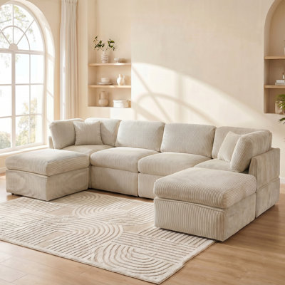 Joko 130.7" 6-Seater Corduroy Reversible Modular Corner Sectional Sofa with Ottoman U-Shape
