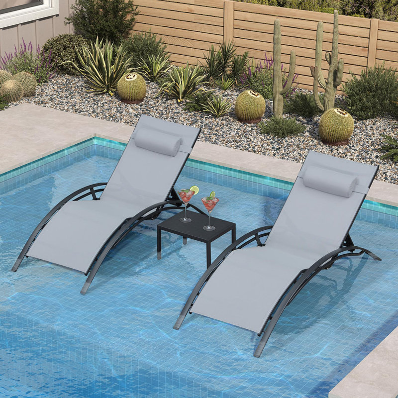 Ensemble de chaise longue d'extérieur en aluminium 3 pièces avec table d'appoint, Gris clair