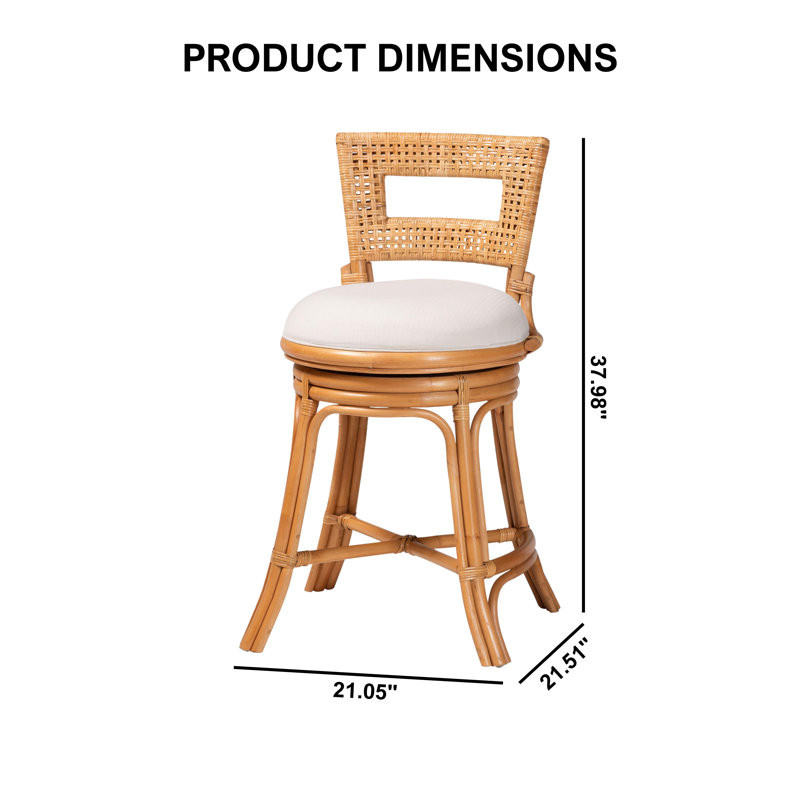 Alcott Natural Rattan Counter Stool: Handwoven Wicker Stool with Upholstered Cushion and Swivel Seat