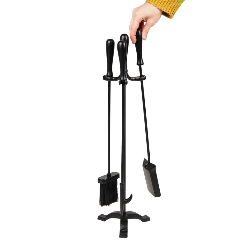 Black Wrought Iron and Steel Fireplace Tool Set with Stand