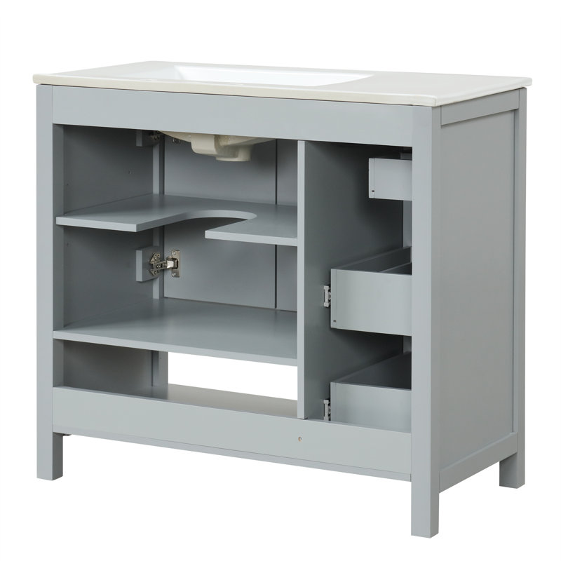 Rangement pour salle de bain 36 po avec lavabo, 2 tiroirs et 2 portes, rangement ouvert, bois massif, deux ensembles, Gray