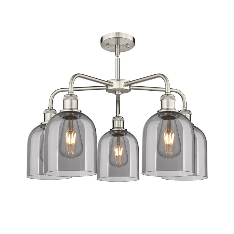 Lustre en forme de cloche à intensité variable en acier à 5 lumières Odaniel, Nickel satiné, Gris fumée clair