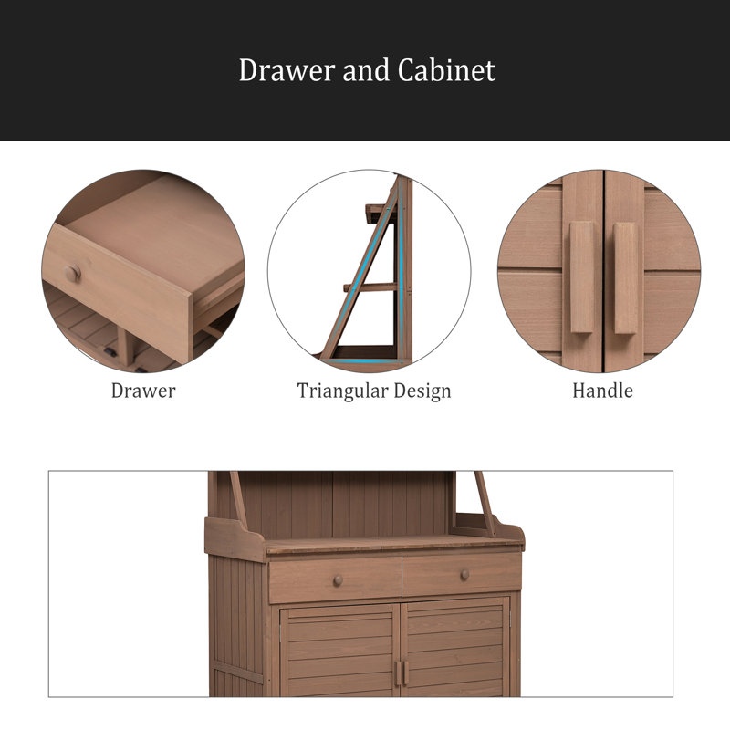Table de jardin, table de travail en bois de sapin avec tablette de rangement, tiroir et armoire, Brun