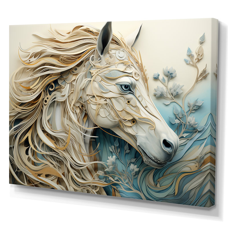 Portrait de cheval minimal bleu et blanc - impressions d'art murales de chevaux, Toile tendue, H 30 po x l 40 po