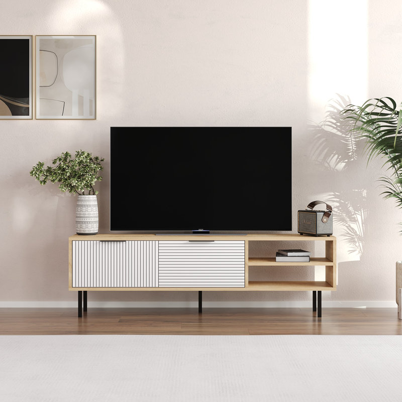 Meuble télé moderne avec option de fixation murale, chêne saphir et blanc, 59,1 po x 17,7 po x 11,8 po | 100% panneau de particules enduit de mélamine, épaisseur: 0,7 pouce | Plusieurs tablettes pour le rangement organisé, design scandinave tendance