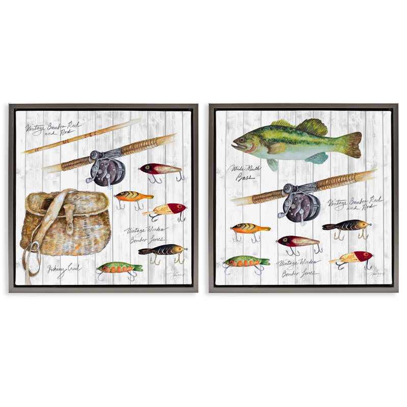 Ensemble de 2 toiles de pêche rétro par Patricia Pinto, Cadre flottant gris lustré, H 18 po x l 18 po
