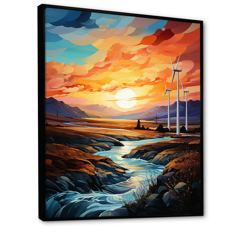 Wind Turbines Sunrise Valley I sur toile, Cadre flottant noir, H 40 po x l 30 po x P 1,5 po