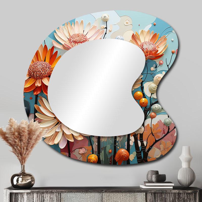 Soft Elegance Mums Flowers II - Miroir décoratif de forme unique, grand miroir mural asymétrique traditionnel, 33 po x 33 po