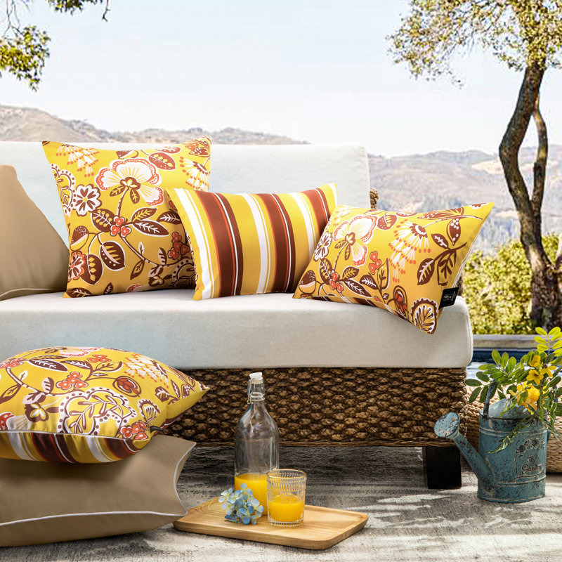 Outdoor Floral Colleciton Outdoor Reversible Throw Pillow, Yellow, Square 20"