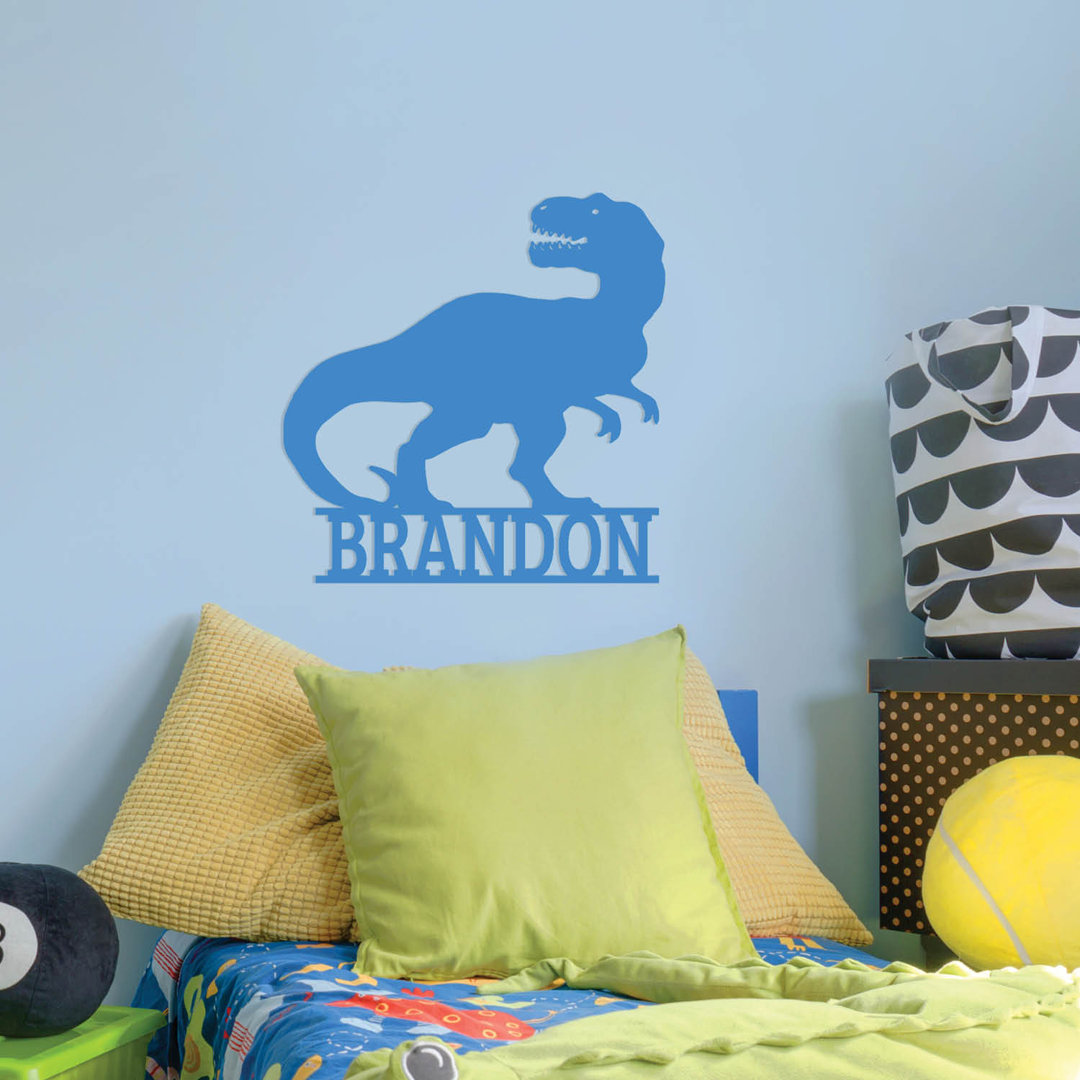 T-Rex Wood Plaque With Custom Name Laser Cut In Blue Wood | Fun Wall Decor In Kids Bedroom Or Play Area | 12.25" X 12.4" Trinx 