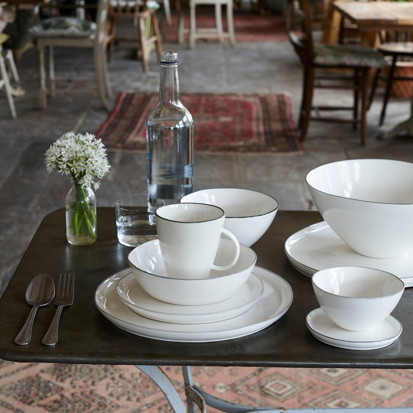 Abbesses Porcelain Dinnerware Set, White/Gray