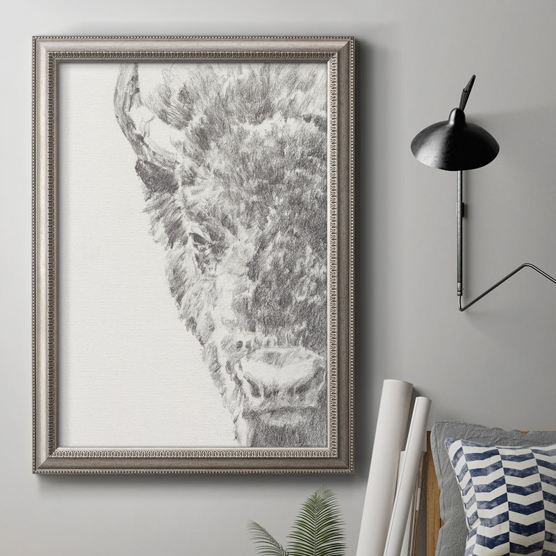 Graphite Bison Portrait I - Reproduction d'art sur toile encadrée, H 20 po x l 16 po