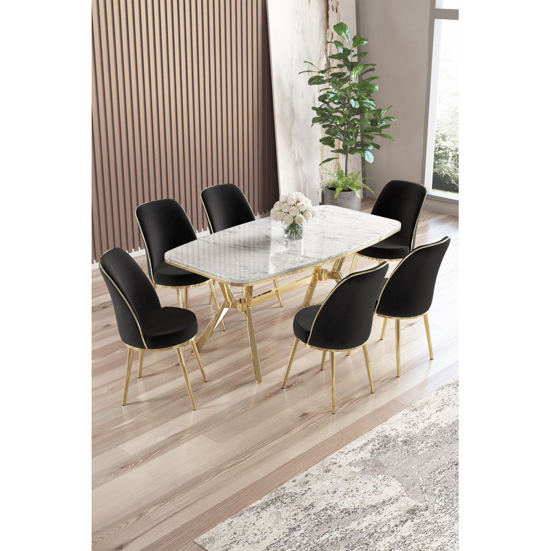 Ensemble de table et chaises de salle à manger (7 pièces), 7 Pieces: Table, 6 Chairs, White Marble/Gold, Black