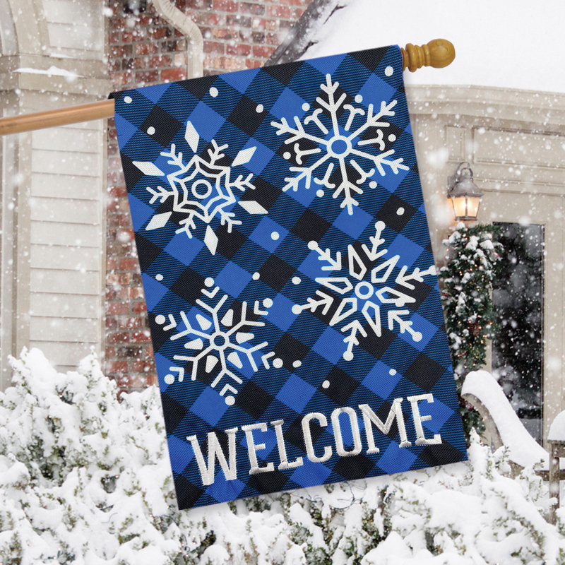 Checkered Snowflakes Burlap Winter House Flag