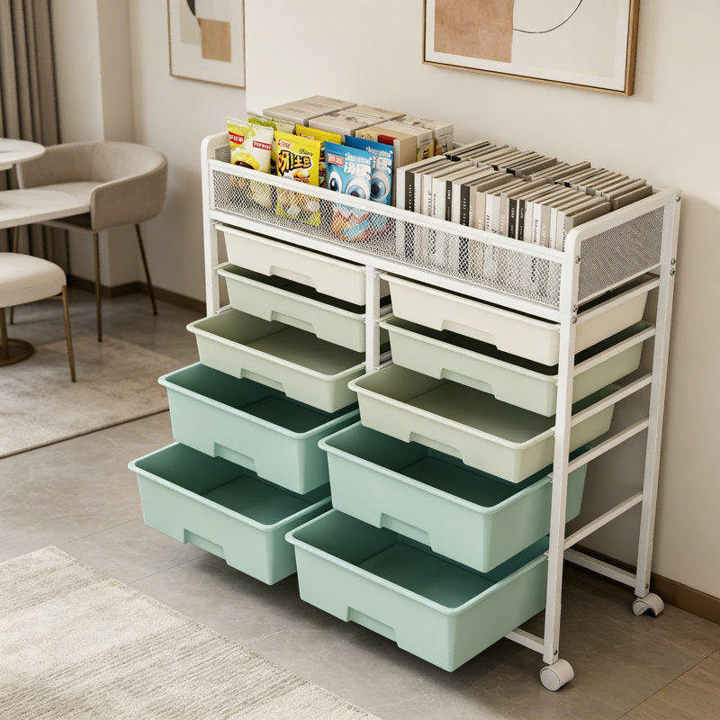Chariot de rangement à 5 niveaux avec tiroir à roulettes avec compartiment supérieur en filet, unité de rangement mobile en plastique avec roues verrouillables, 2 configurations et 2 options de couleurs pastel, armoire de rangement à roulettes polyvalente pour la cuisine de la chambre à coucher