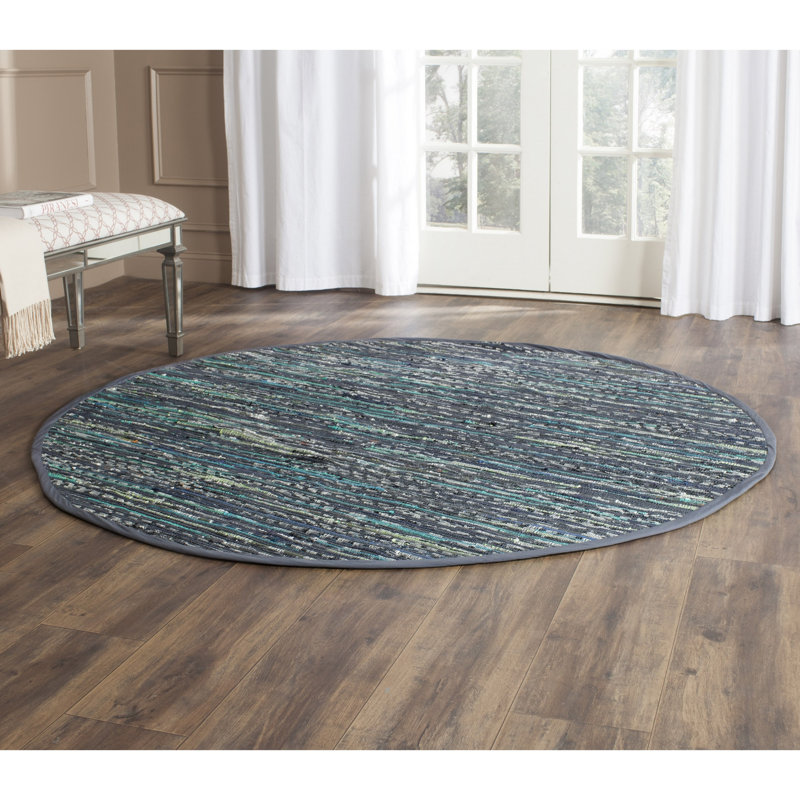 Tapis bleu abstrait en coton tissé à plat Feliciano, Rond 6 pi