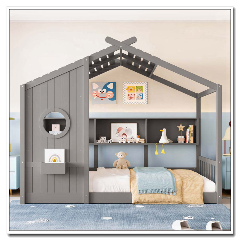 Lit de rangement avec tablette de rangement, Gris, Lit simple