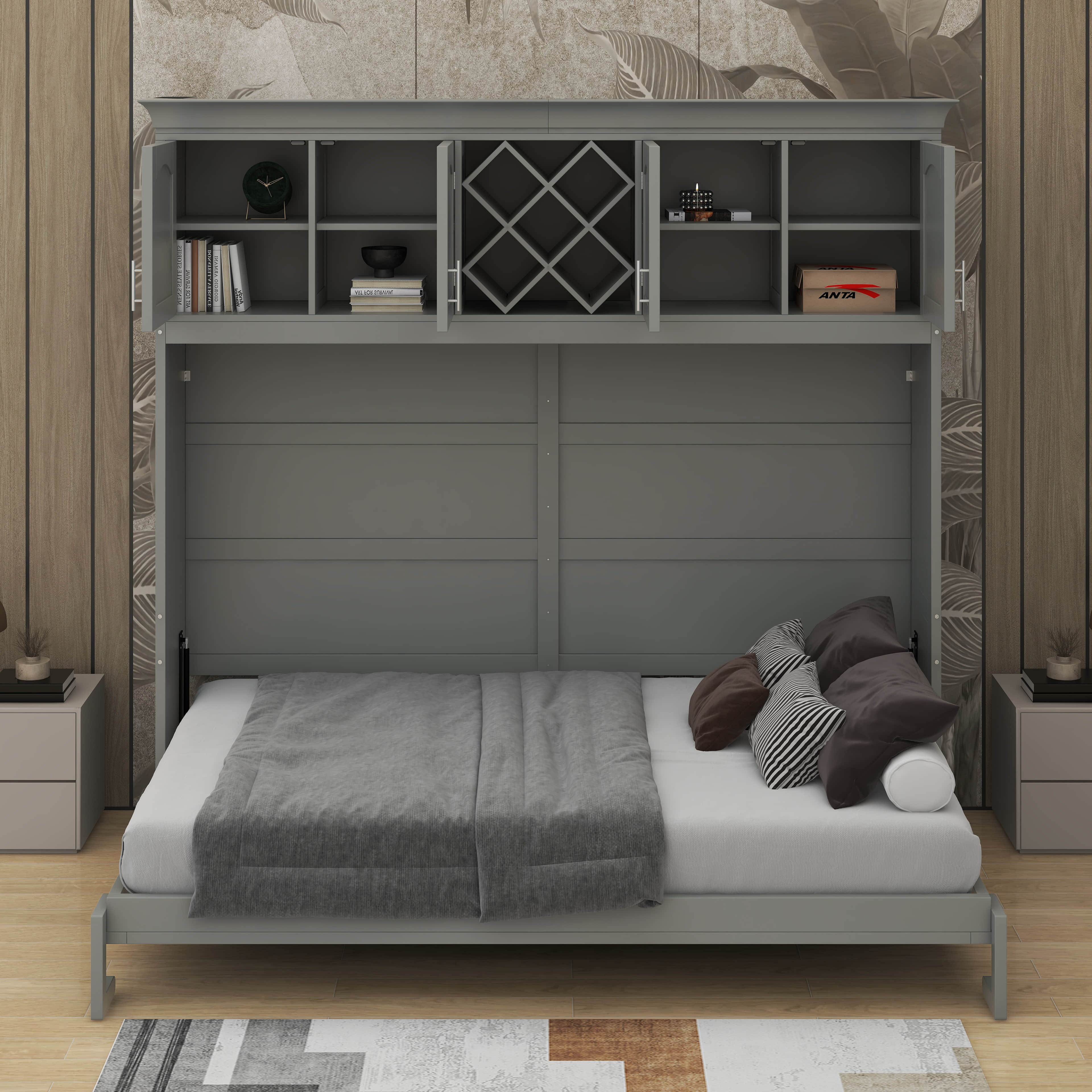 Queen Kitchen Rack Hokku Designs Queen Size Murphy Bed With Top Cabinets & Wine Rack | Wayfair
