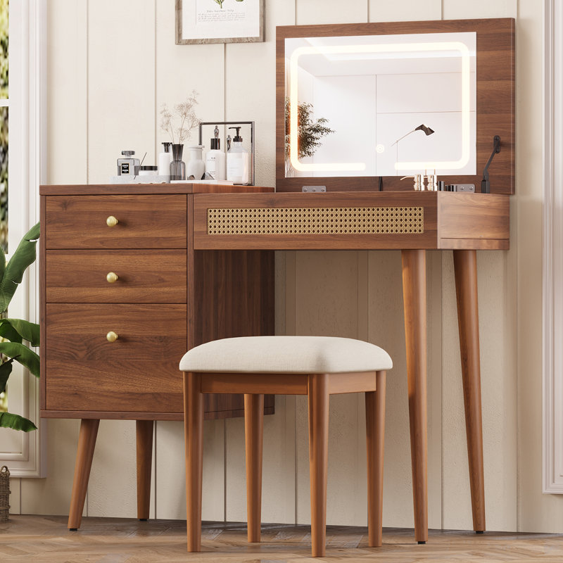 39 Inch Retro Bohemian Style Vanity Desk With Mirror, LED Lights, And Ample Storage, Perfect For Home And Small Spaces