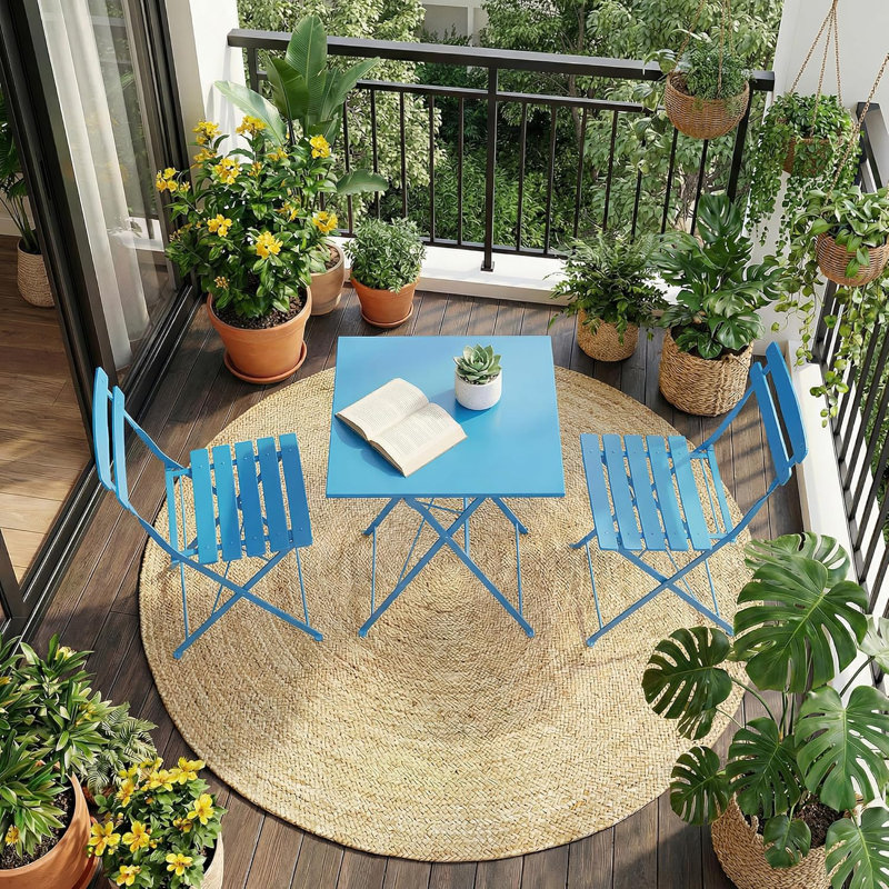 Ensemble bistro 3 pièces, table et chaises de patio pliables, sans assemblage, bleu, Bleu