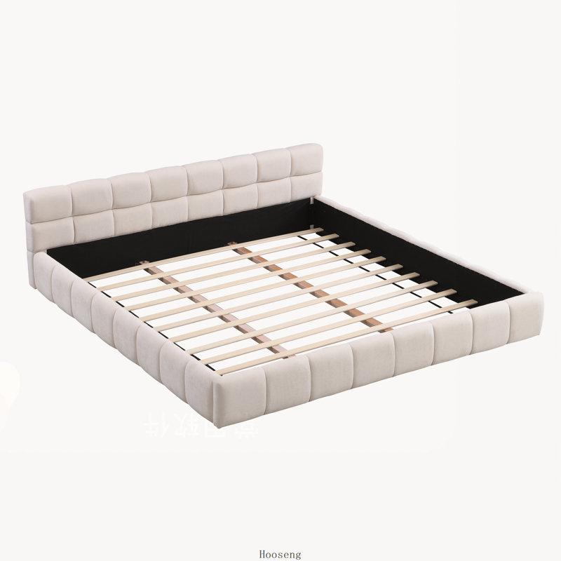 Lit King élégant en chenille beige à motif damier, beige, Très grand lit, Beige