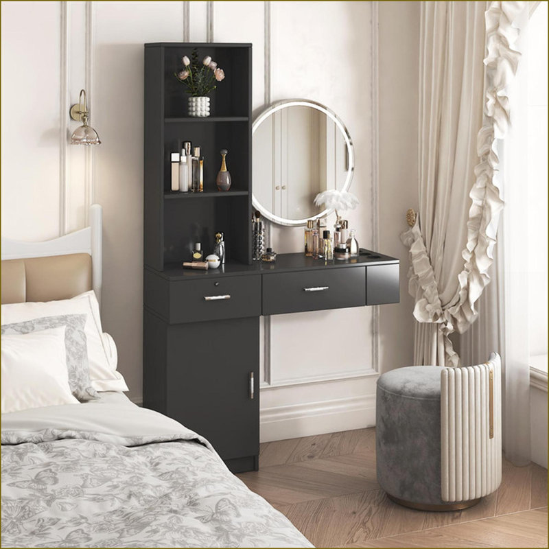 Hair Styling Station, Modern Black Multi-Layer Storage with Drawers, Cabinet &amp; Dryer Holes | Black | MDF, Black