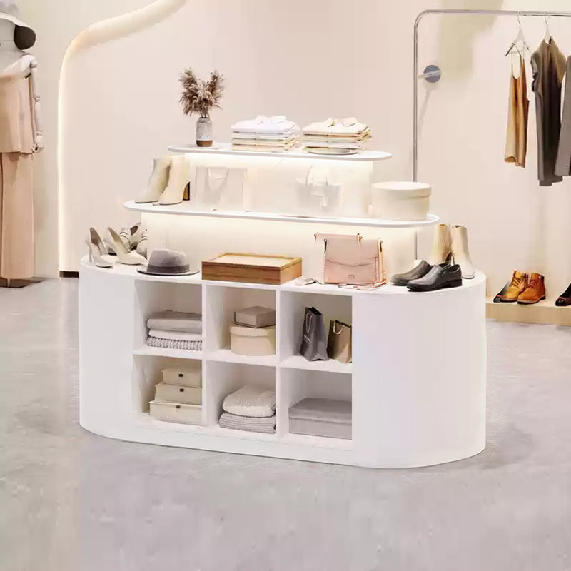 Solid Wood Three-Tier Display Stand, Fully Assembled with Bottom Storage for Retail and Showroom Use, White
