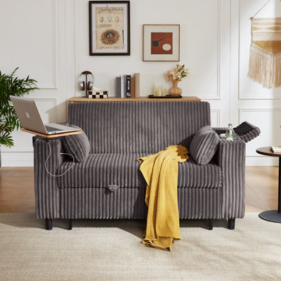 Sherry 58'' Upholstered Convertible Sleeper Sofa With Adjustable Backrest, Storage Armrests, Cup Holders, Side Table & Charging Port