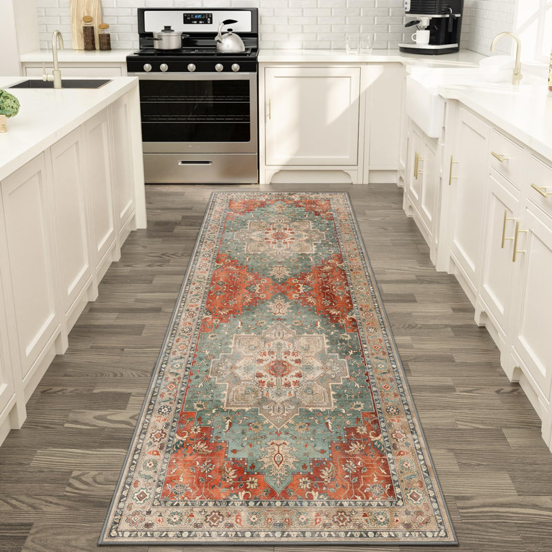 Roehit Oriental Performance Machine Washable Area Rug, Runner 2' x 7', Slate Blue/Terracotta