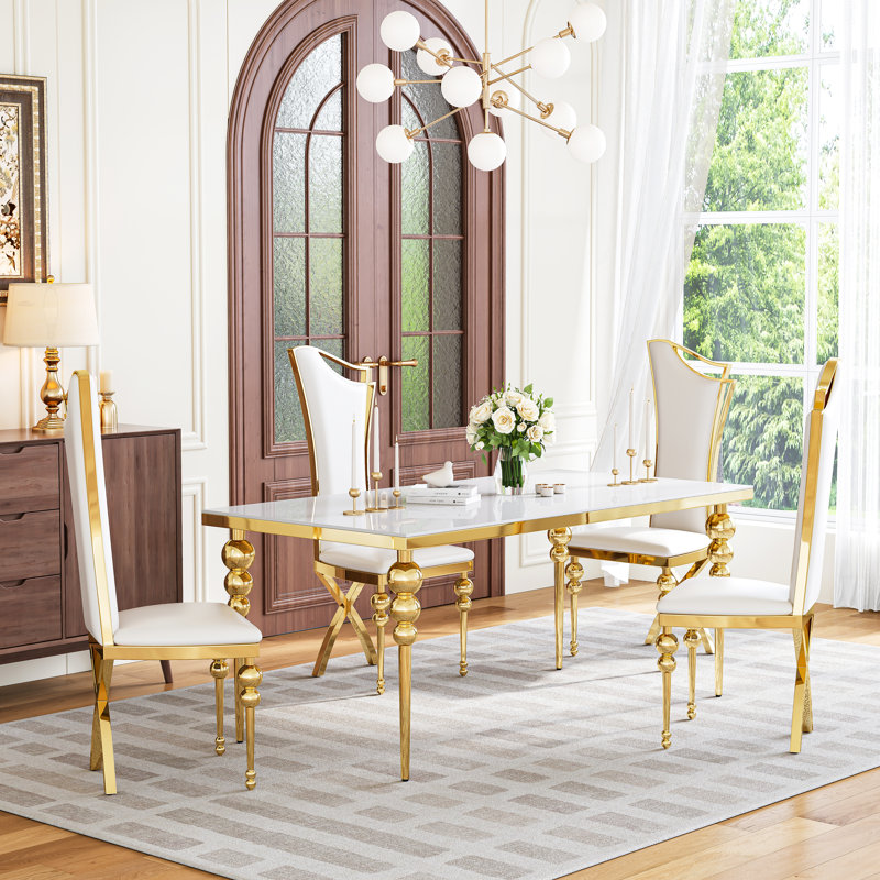 70" Rectangular Dining Table Set With Modern Luxury Gold Stainless Steel Gourd Legs Withtempered Glass Tabletop, Streamlined PU Leather Chairs With Gold Ball Accents