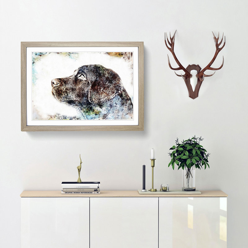 Chocolate Labrador Portrait in Abstract - Picture Frame Painting Print, 62cm H x 87cm W x 2cm D, Oak Framed