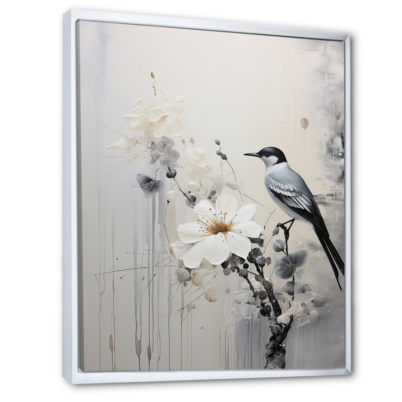 Minimalisme, oiseaux du paradis V sur toile, Cadre flottant blanc, H 20 po x l 12 po x P 1 po