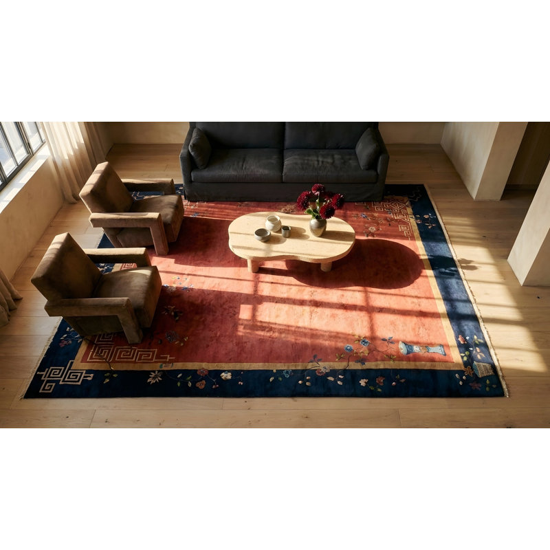 Antique Art Deco Room Size Wool Blue, Red / Rust Rug