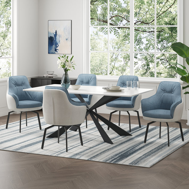17.7"H Modern Two-Tone Upholstered Swivel Dining Armchair, Blue/White