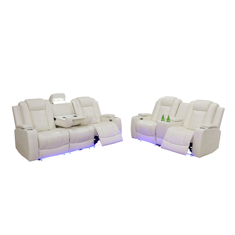 Ensemble de canapé de salon inclinable électrique en cuir 2 pièces avec chargeurs sans fil et lumières DEL, Blanc cassé