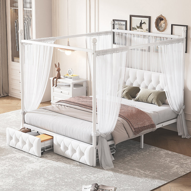 Queen Size Metal Canopy Platform Bed With Upholstered Headboard And Two Storage Drawers