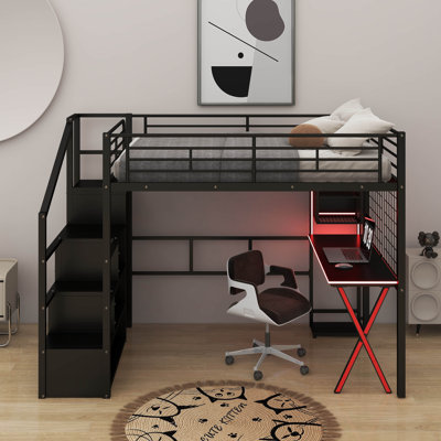 Lit mezzanine double en métal avec poste de travail, garde-robe, escalier de rangement et DEL