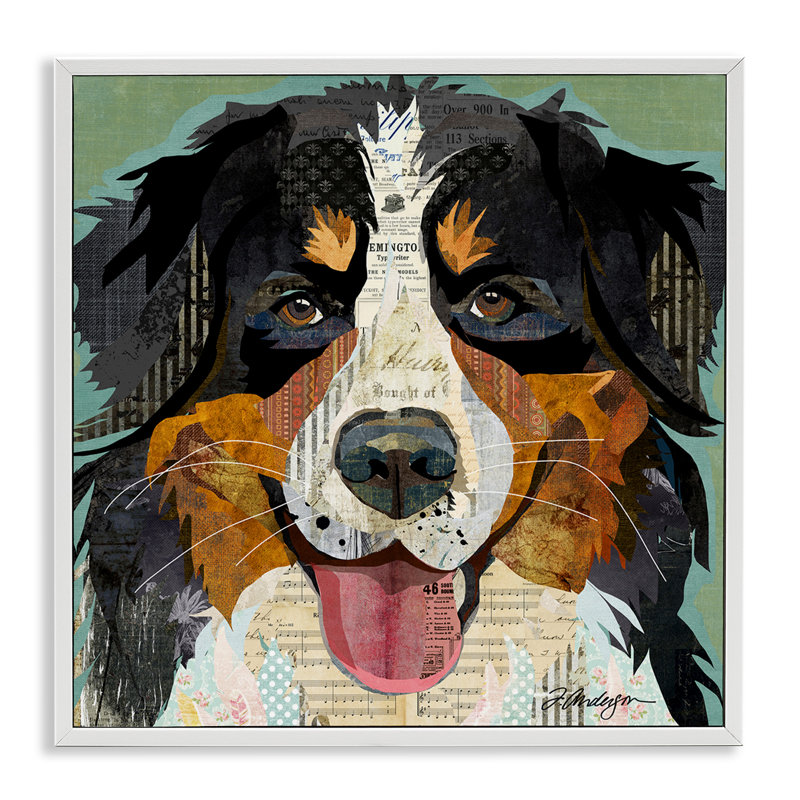 «Bernese Mountain Mountain Portrait Layered Ephemera Collage», impression sur bois avec cadre flottant