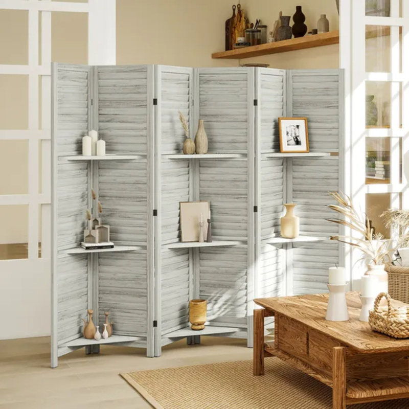 Paravent 6 panneaux en bois 6 panneaux avec 3 tablettes et rangement pliant pour la chambre à coucher, blanc