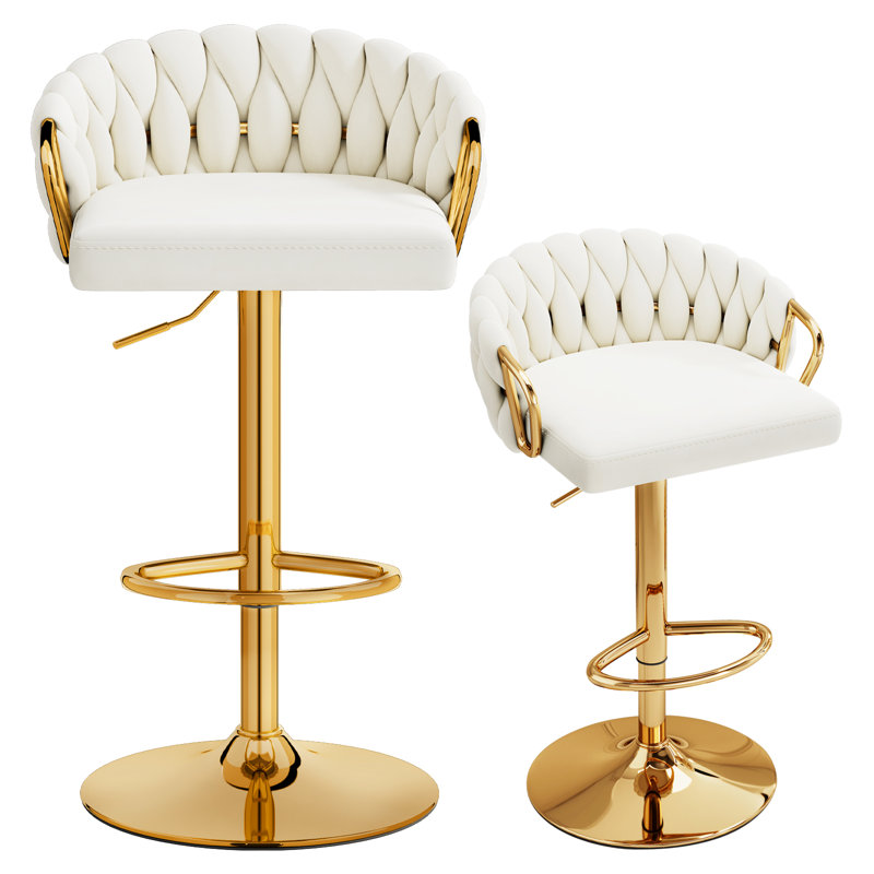 Ensemble de 3 tabourets de bar pivotants en velours, chaises de bar modernes à hauteur réglable, piètement doré et dossier tissé, beige