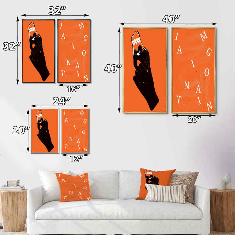 " Imagination Vintage Retro Orange Designs I " 2 - Pieces Painting Print, 32" H x 32" W x 1" D, Black Framed Canvas