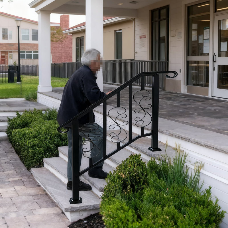 Outdoor Stair Railing Kit For 2-3 Steps, Wrought Iron Handrail With Scroll Design, Adjustable Height & Width, Anti-Rust Coating For Porch And Exterior Stairs
