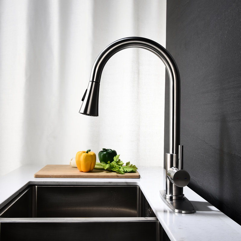 Kitchen Faucet With Pull Out Spray, Modern Design In Brushed Nickel, Stainless Steel Build, Easy Installation Guide Spray Option, Nickel Appearance, Simple Tips
