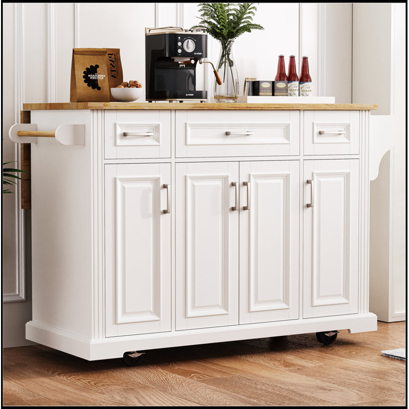 54-inch Large Kitchen Island with Rubber Wood Drop Leaf, Embossed Texture, and Ample Storage on 4 Wheels, Ideal for Modern and Farmhouse Kitchens