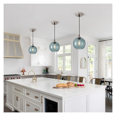 Light Green Glass Globe Pendant Light Fixture with Sand Nickel Finish, Adjustable Height Kitchen Island Lighting, 2-Pack