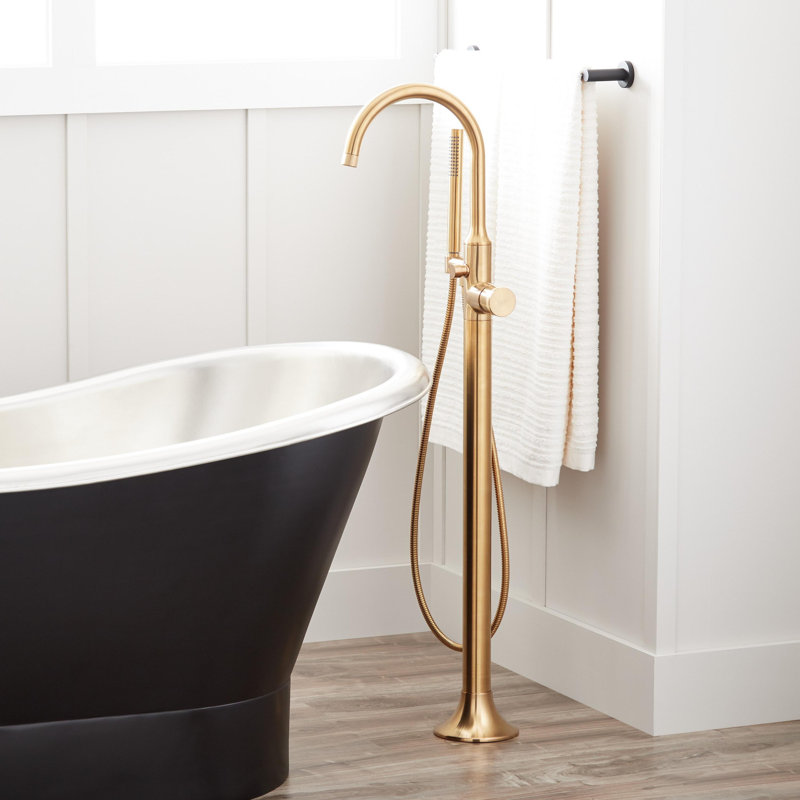 Lentz Floor Mounted Tub Filler Faucet, Brushed Gold, Knob