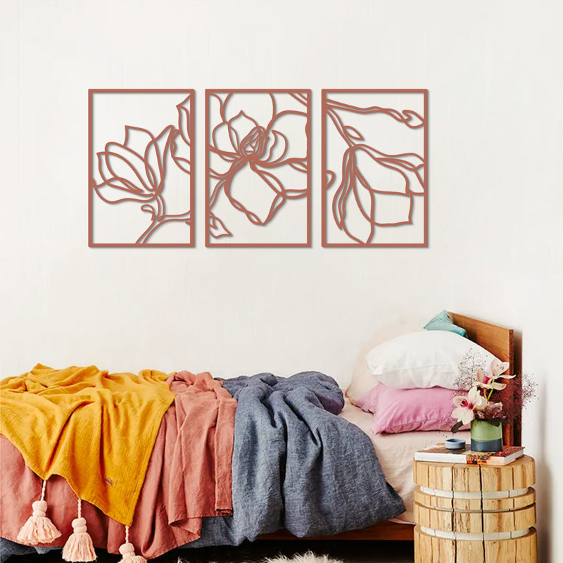 Abstract Red Metal Floral Wall Art Set of 3 Panels