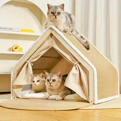 Extra Large Cat Bed with Scratching House, Foldable Wooden Cat Condo Furniture